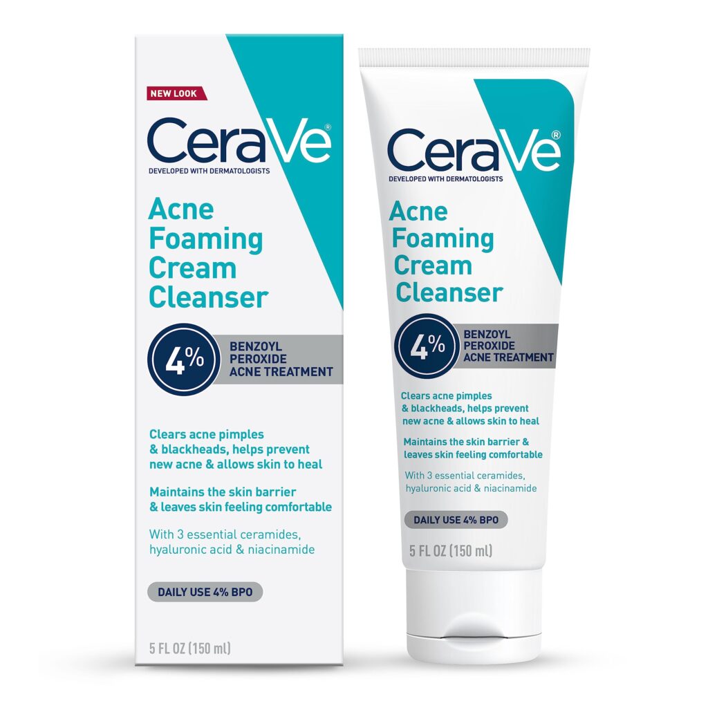 CeraVe Acne Foaming Cream Cleanser, 4_ Benzoyl Peroxide Face Wash With Hyaluronic Acid, Niacinamide & Ceramides