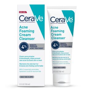 CeraVe Acne Foaming Cream Cleanser, 4_ Benzoyl Peroxide Face Wash With Hyaluronic Acid, Niacinamide & Ceramides
