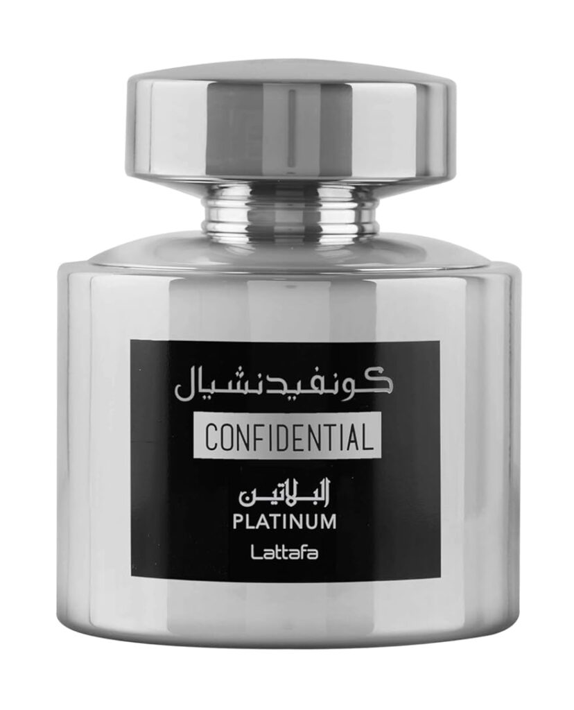 Lattafa Confidential Platinum ?C Fruity, Floral, Woody, Musky ?C Eau de Parfum Spray Long-Lasting Fragrance for Men, 3.4 Ounce / 100 ml