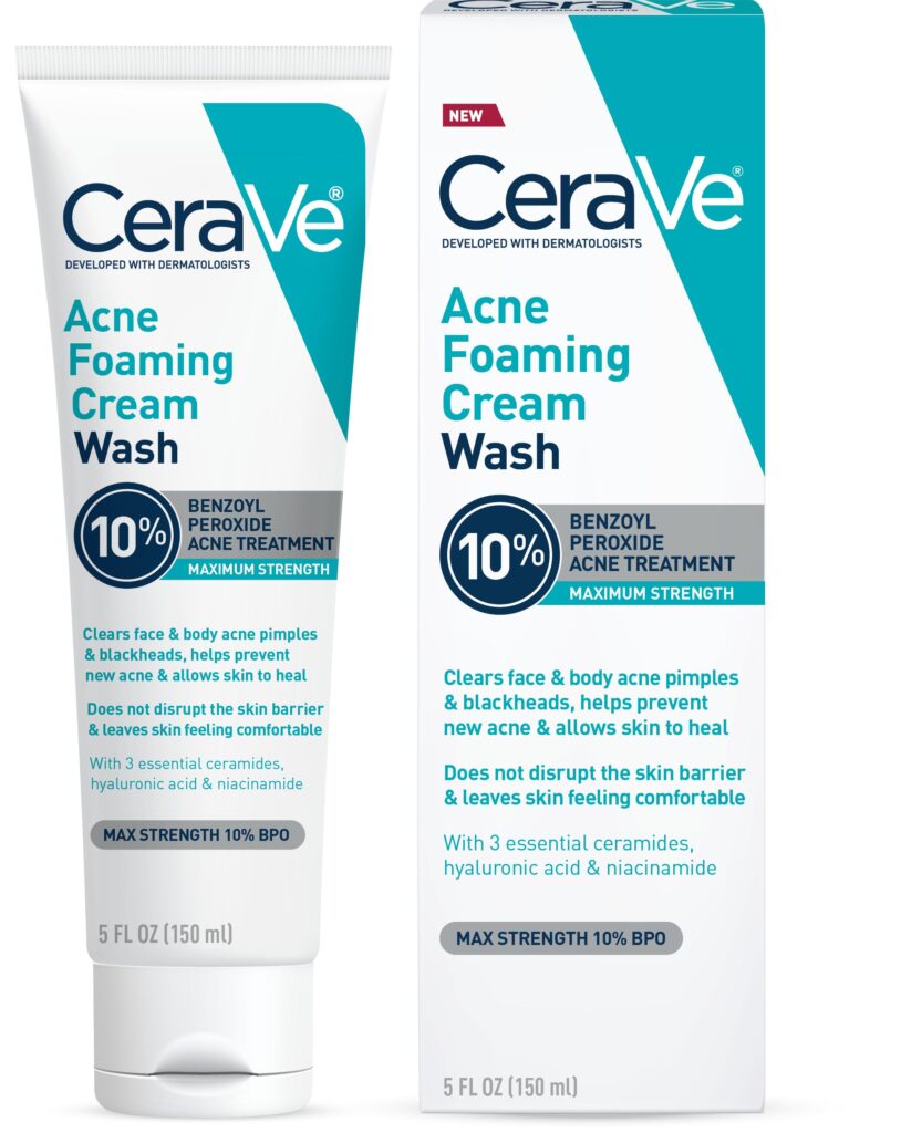 CeraVe Acne Foaming Cream Wash, Gentle Face and Body Cleanser with Benzoyl Peroxide 10_, Hyaluronic Acid, and Niacinamide